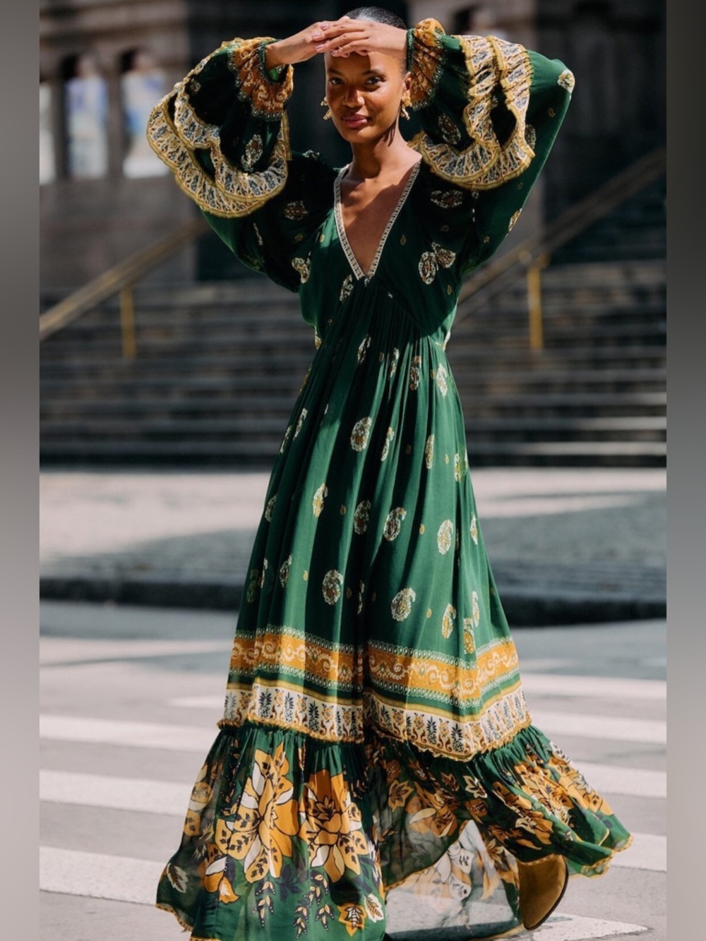Farm Rio Green Ayla Long Sleeve Ruffled Maxi Dress